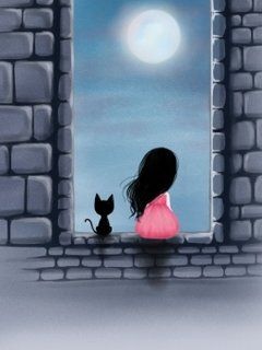 Mädchen mit Katze im Mondlicht