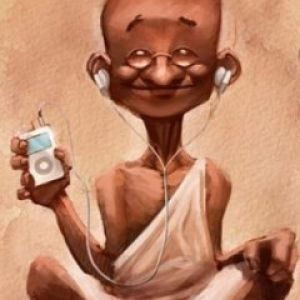Lustiger Gandhi beim Musikhören