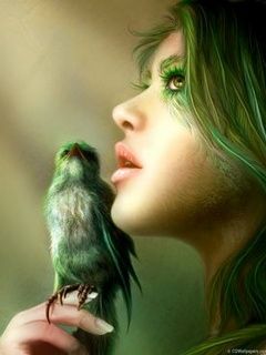 Grüne Fantasie Kunst mit Vogel