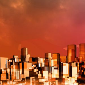 Futuristische Stadtlandschaft bei Sonnenuntergang