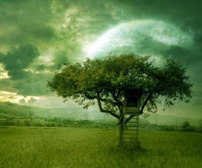 Baumhaus in einer mystischen Landschaft