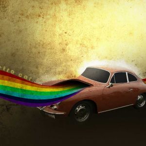 Retro Auto mit Regenbogen