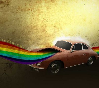 Retro Auto mit Regenbogen