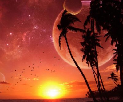Beeindruckender Sonnenuntergang mit Planeten