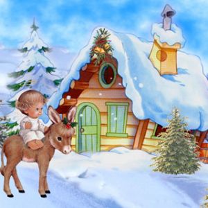 Niedliche Winterszene mit Kind und Esel