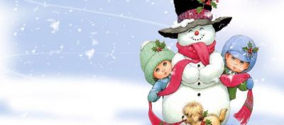Schneemann mit Kindern und Hund