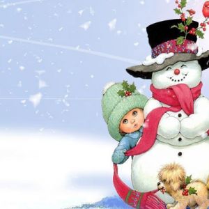 Schneemann mit Kindern und Hund