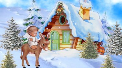 Niedliche Winterszene mit Puppe und Esel