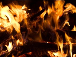 Feurige Flammen und Holzstämme