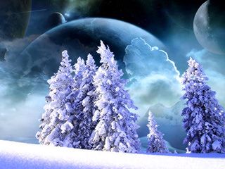 Verschneite Landschaft mit Planeten