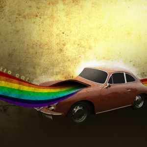 Vintage Auto mit Regenbogenstrom
