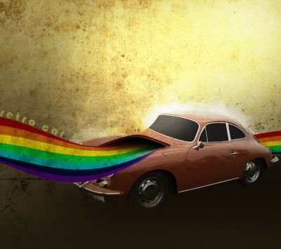 Vintage Auto mit Regenbogenstrom