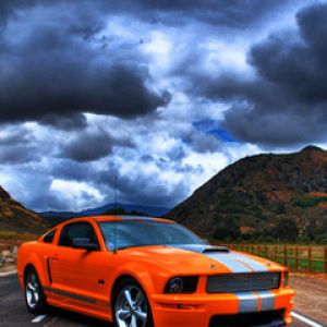 Oranger Mustang GT auf Malerischer Straße