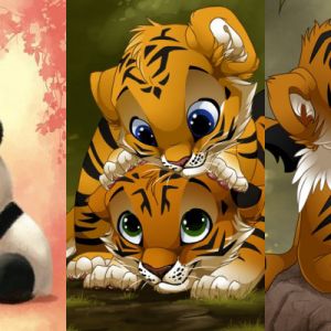 Niedlicher Panda und Tigerbabys