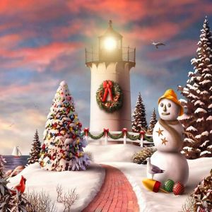 Weihnachts-Leuchtturm und Schneemann