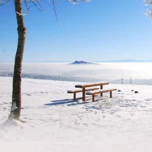 Schneelandschaft mit Bank