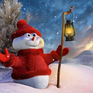 Fröhlicher Schneemann mit Laterne